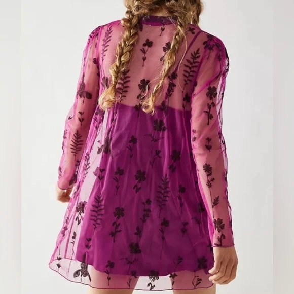 NEW Free People Cecilia Sheer Mini Dress Pink Purple Embroidered Mesh Floral - Picture 2 of 4